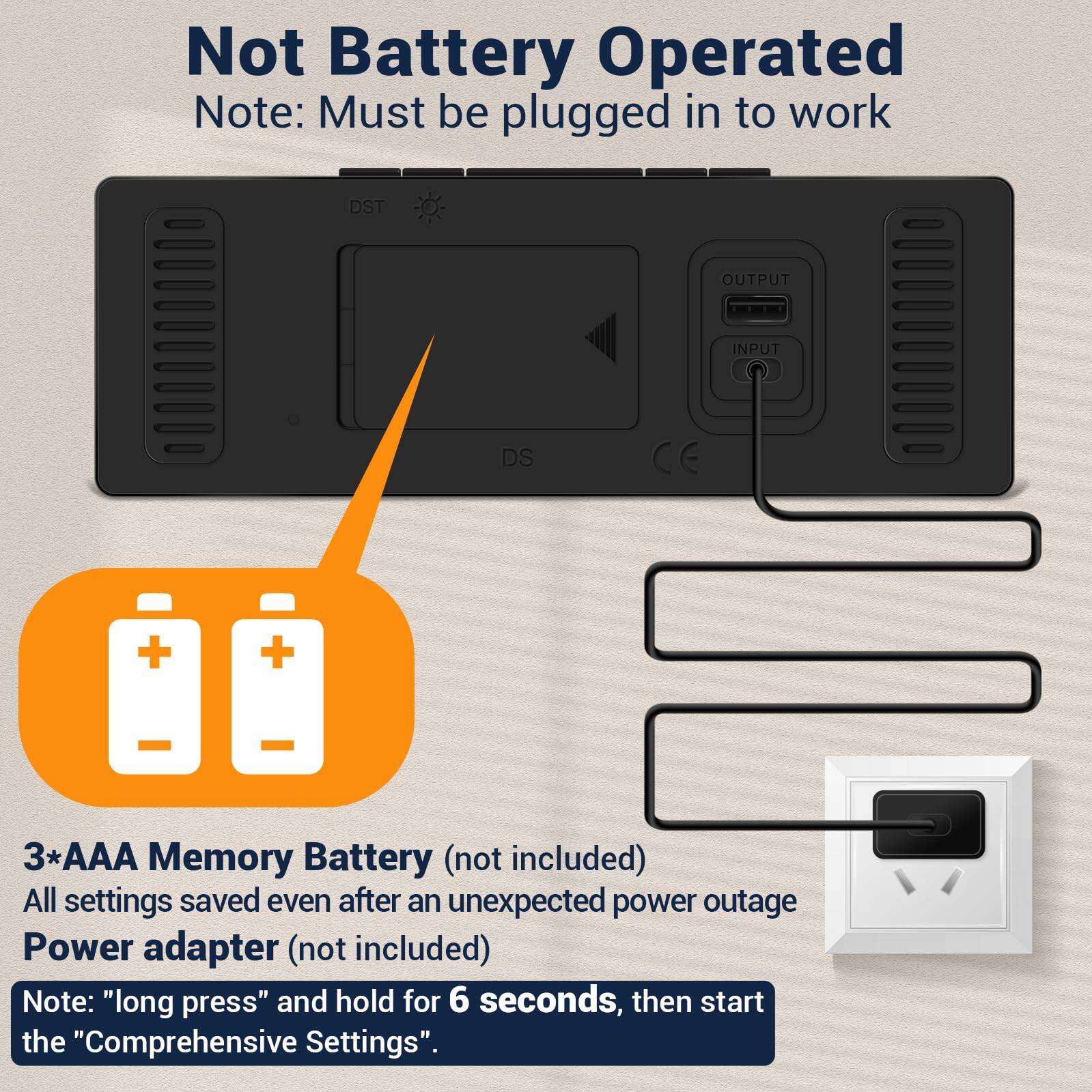 Not Battery Operated  
Note: Must be plugged in to work  

3*AAA Memory Battery (not included)  
All settings saved even after an unexpected power outage  

Power adapter (not included)  

Note: "long press" and hold for 6 seconds, then start the "Comprehensive Settings".