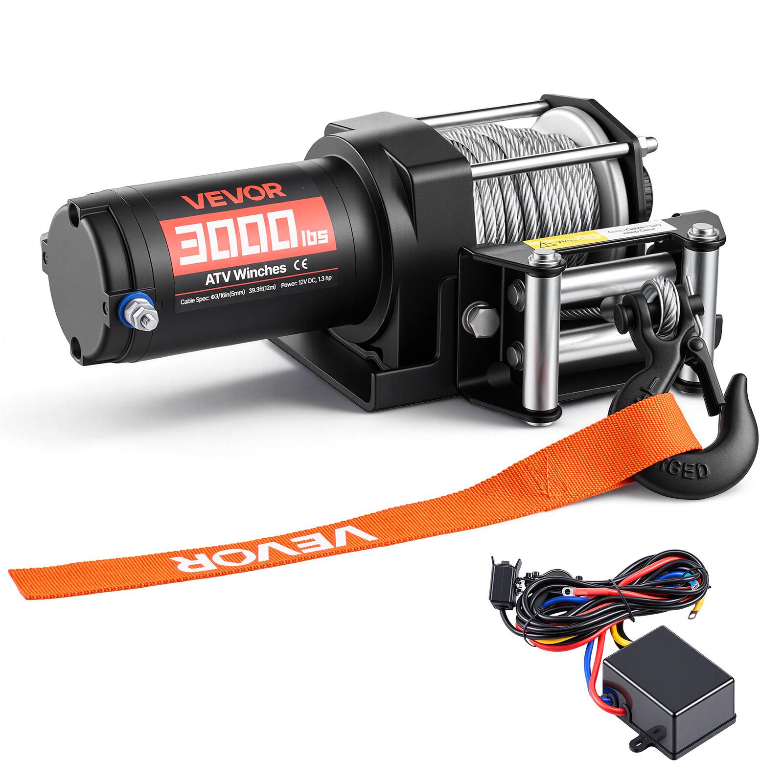VEVOR 3000 lbs ATV Winches CE  
Cable Spec: 6.0mm x 15mtr, 39.3ft  
Power: 12VDC, 13A  
SpHC  
VEVOR (GED)