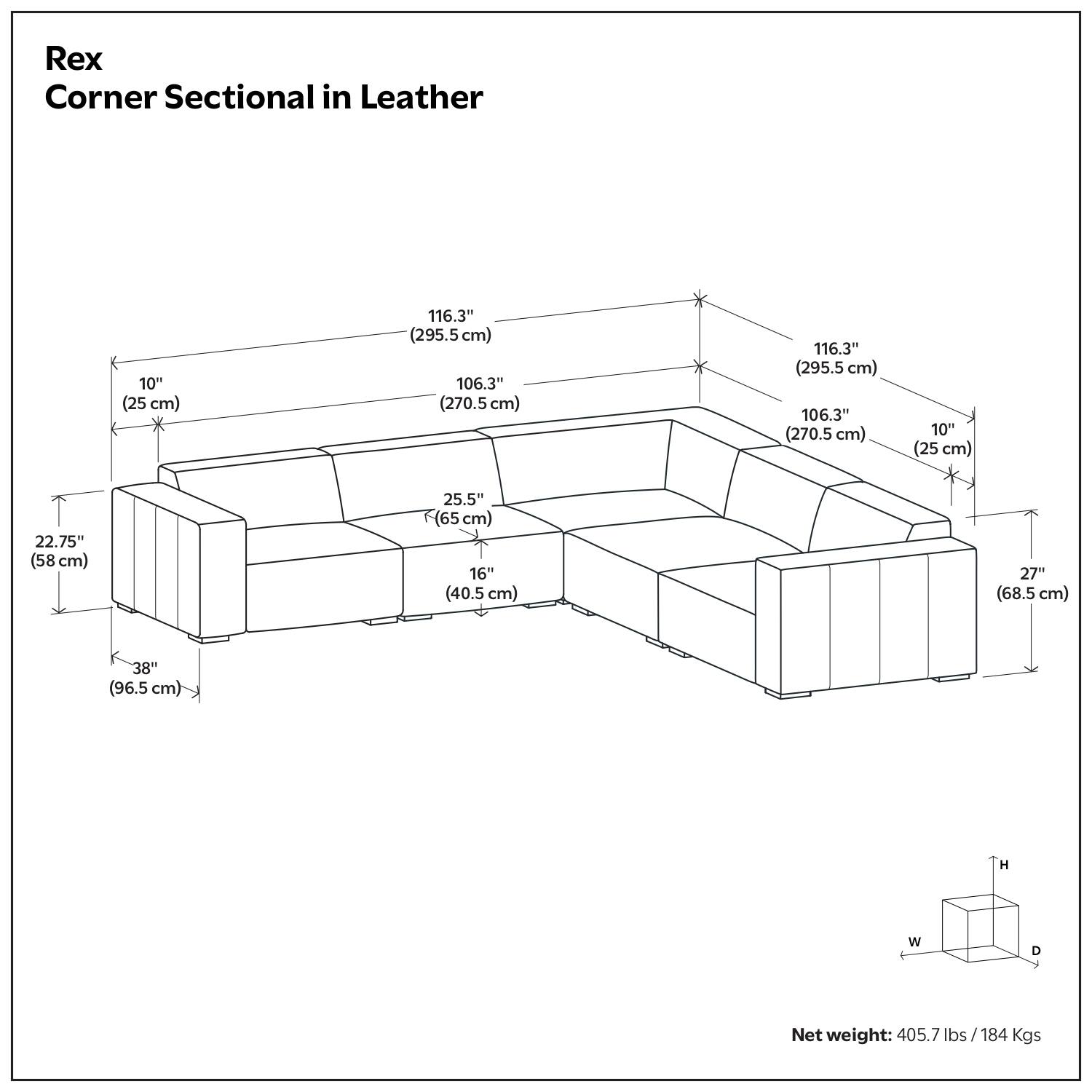 Rex Corner Sectional in Leather

- 116.3" (295.5 cm)
- 106.3" (270.5 cm)
- 10" (25 cm)
- 22.75" (58 cm)
- 25.5" (65 cm)
- 16" (40.5 cm)
- 27" (68.5 cm)
- 38" (96.5 cm)

Net weight: 405.7 lbs / 184 Kgs