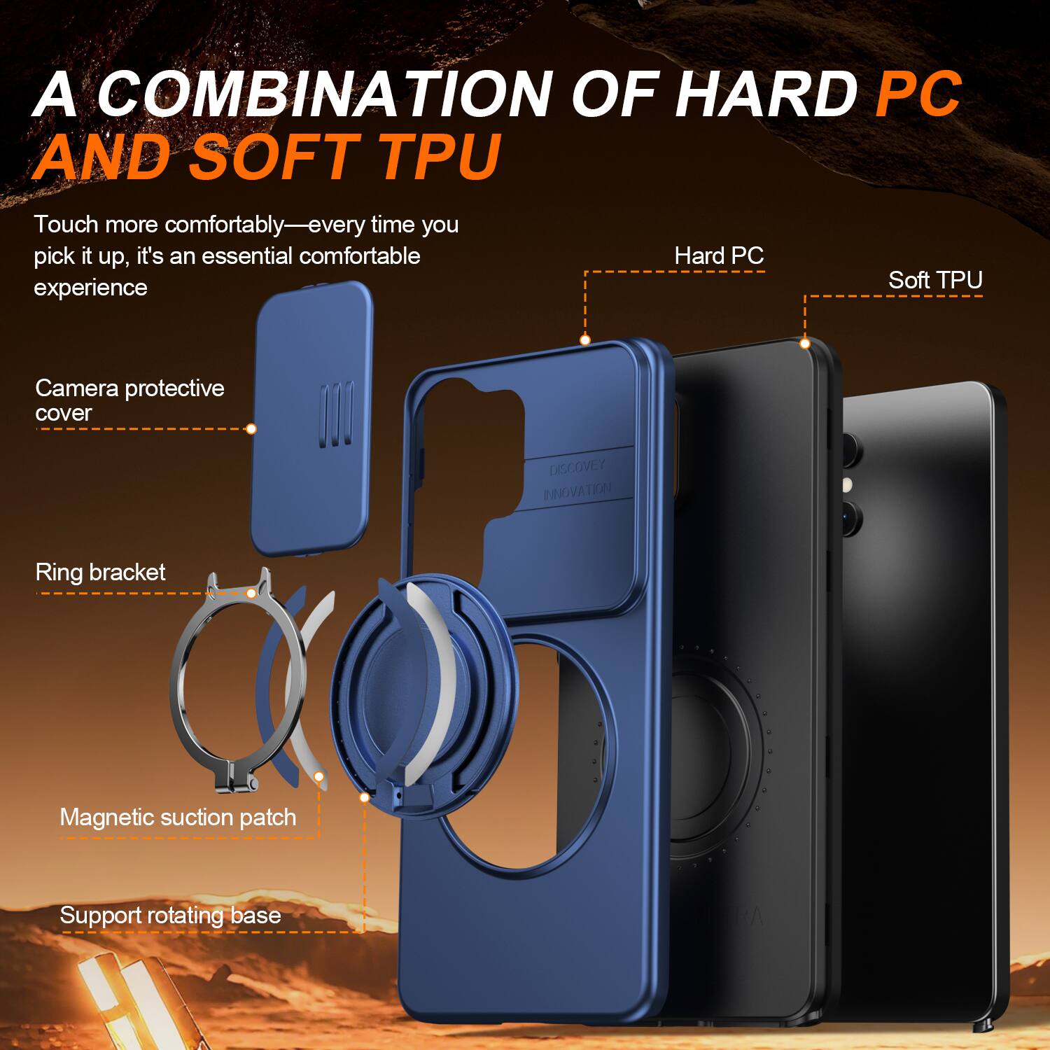 A COMBINATION OF HARD PC AND SOFT TPU

Touch more comfortably—every time you pick it up, it's an essential comfortable experience

Camera protective cover

Ring bracket

Magnetic suction patch

Support rotating base

Hard PC

Soft TPU