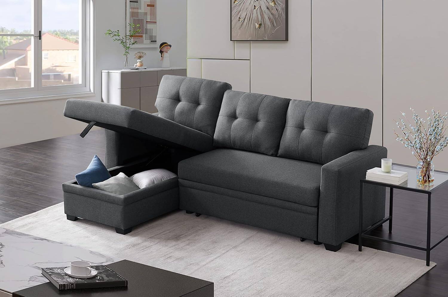 Back. Tiramisubest - Reversible Sectional Sofa,Sleeper Sofa with Storage Chaise,Pull Out Couch Bed|Removable Backrest|Linen Fabric,Dark Grey - Dark Gray.