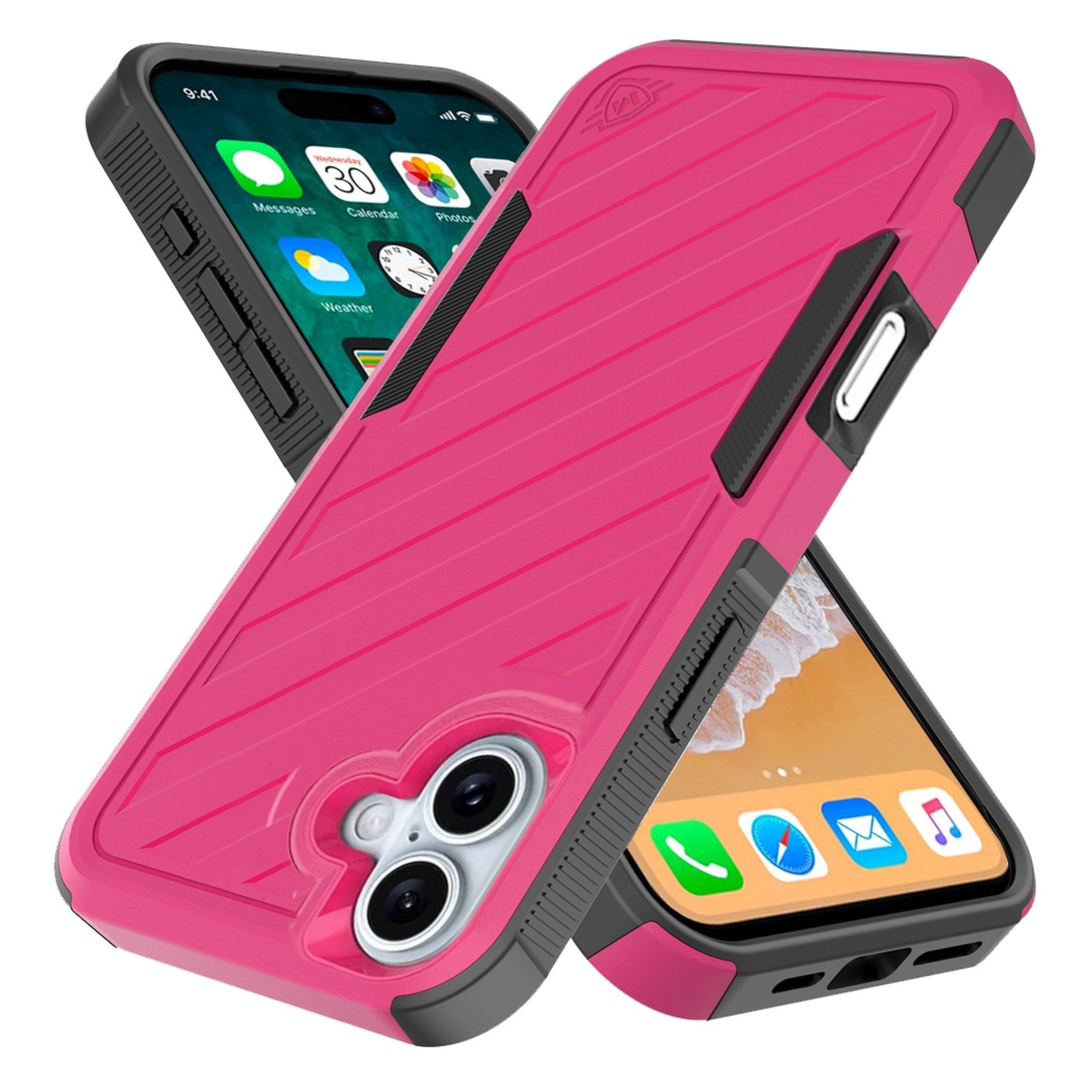 Kitcheniva - Shockproof Dual Layer Lined Phone Case With Tempered Glass For iPhone 16 Plus - Hot Pink/Black