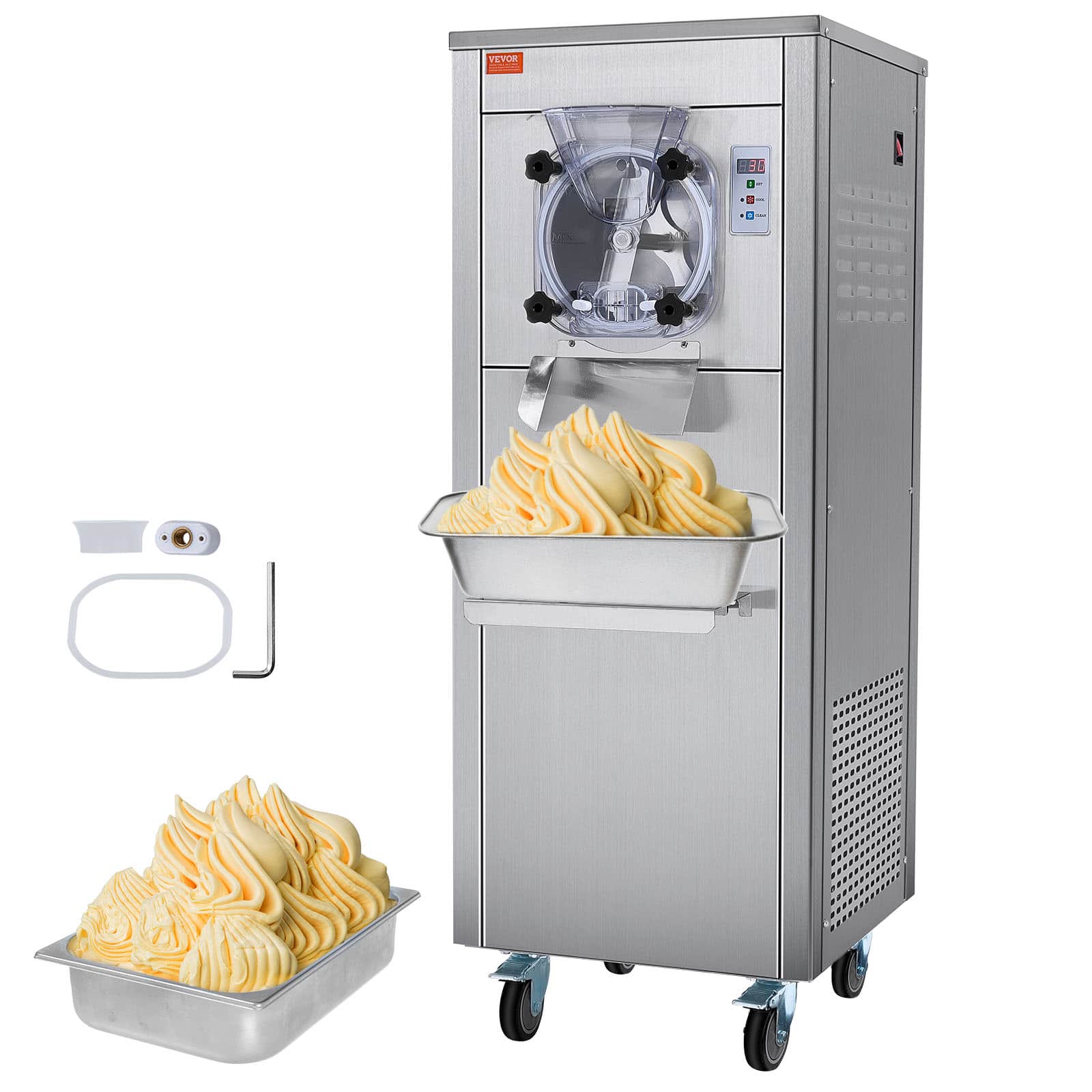 VEVOR - Ice Cream Maker for Commercial Use, Produces 18 Liters per Hour, 1780W, Offers Single Flavor, Equipped with Wheels - Silver
