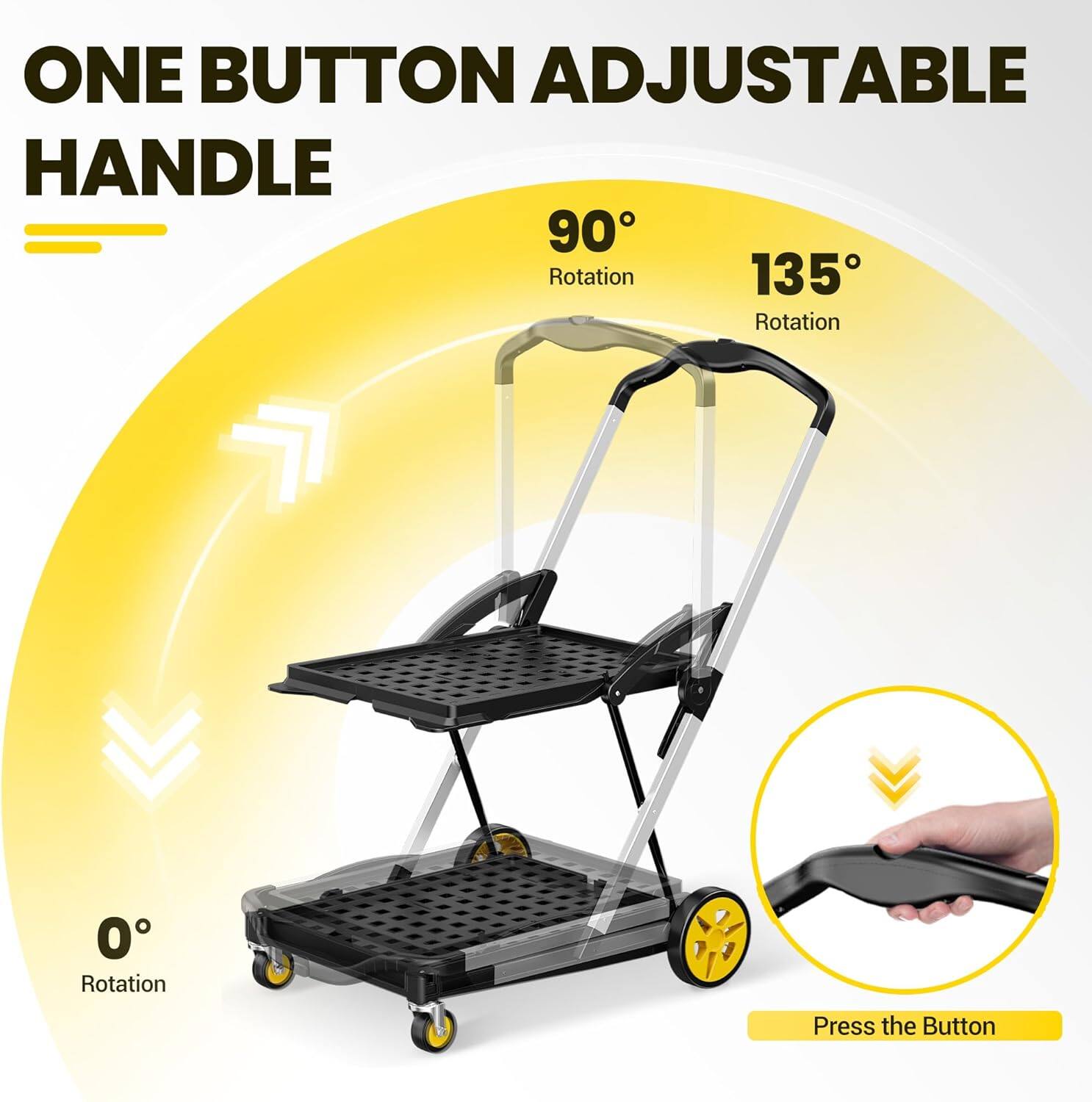 ONE BUTTON ADJUSTABLE HANDLE
90° Rotation
135° Rotation
0° Rotation
Press the Button