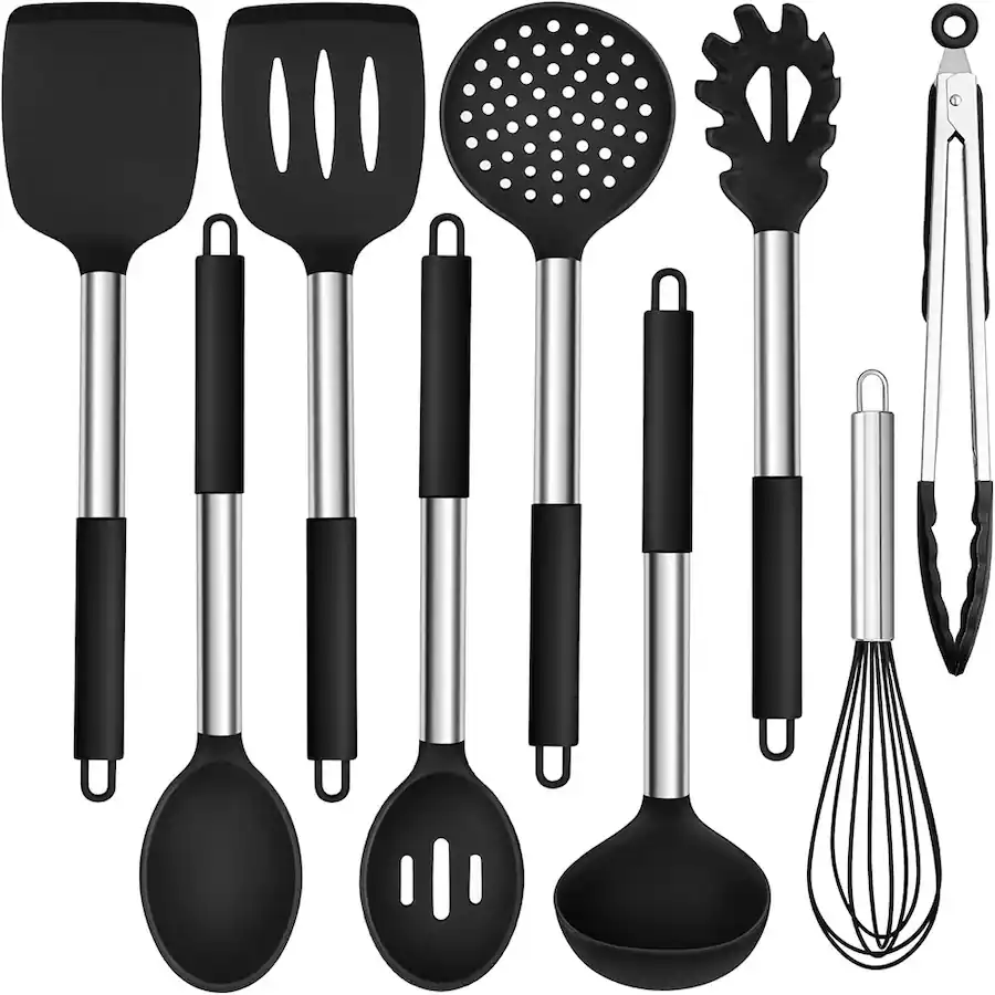 rtmb - nine-piece silicone kitchen cooking utensils set, dishwasher safe, bpa-free - black