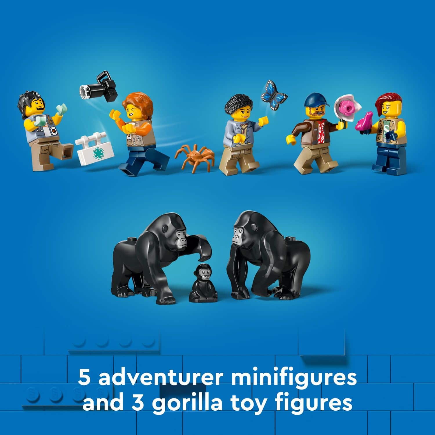 Lego has released a new set of minifigures and toy figures, including 5 adventurer minifigures and 3 gorilla toy figures.