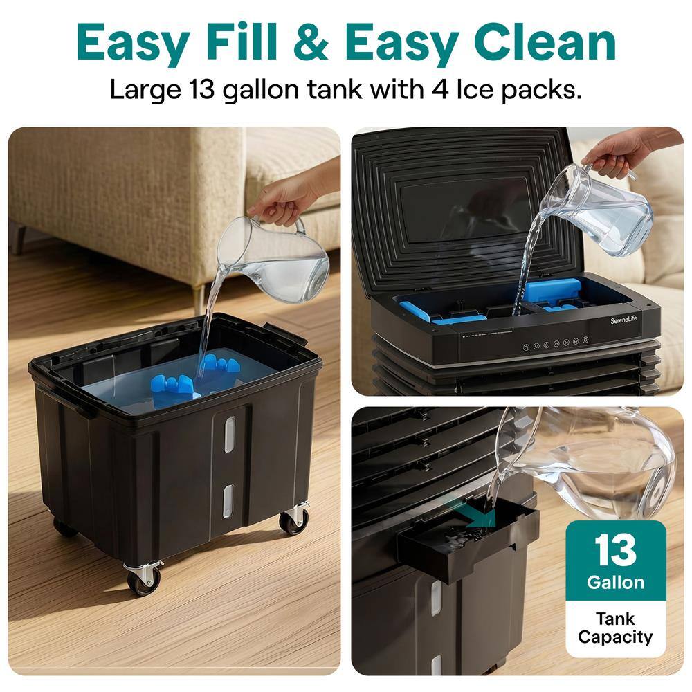 Easy Fill & Easy Clean Large 13 gallon tank with 4 Ice packs.  
SereneLife 13 Gallon Tank Capacity