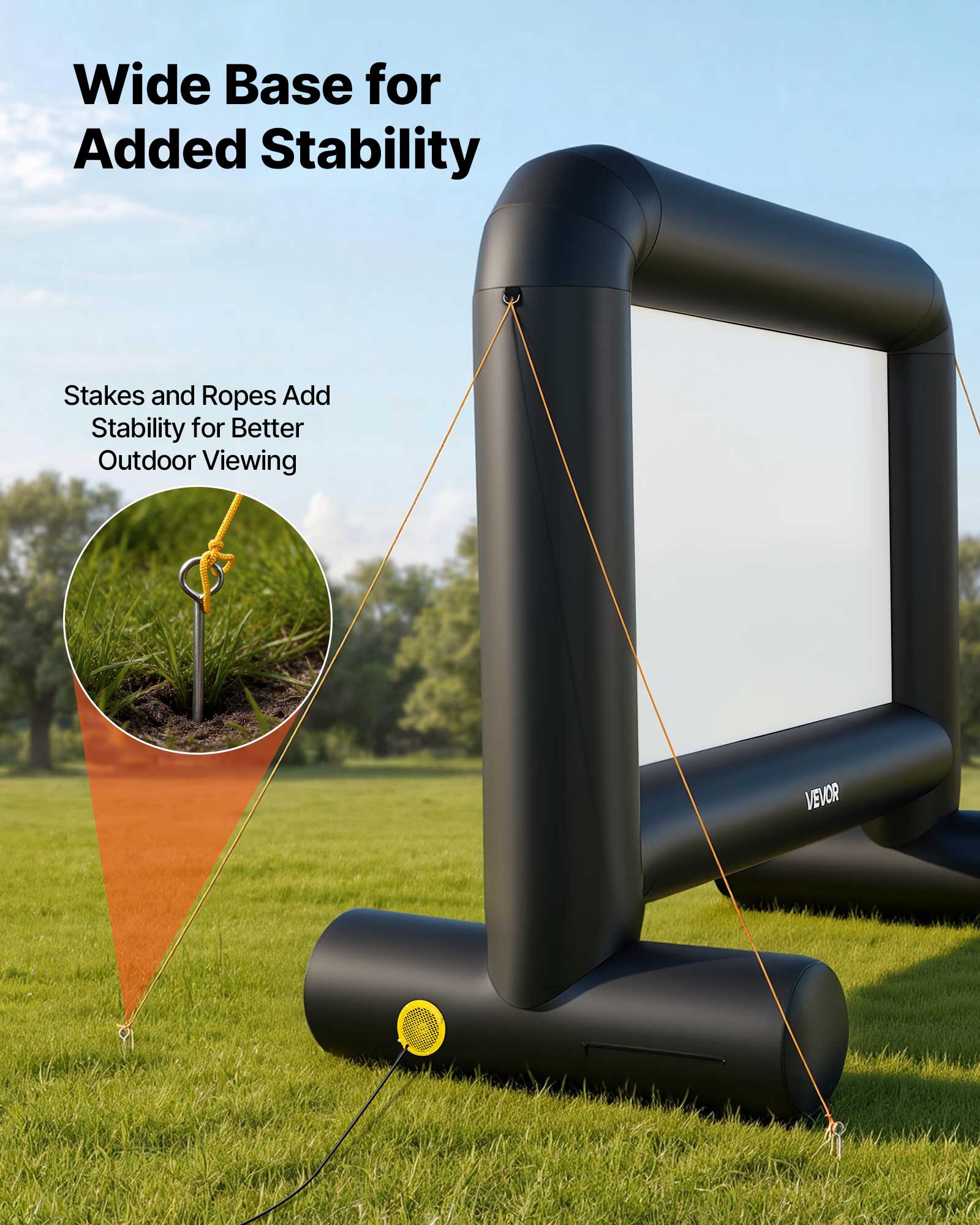 Wide Base for Added Stability  
Stakes and Ropes Add Stability for Better Outdoor Viewing  
VEVOR