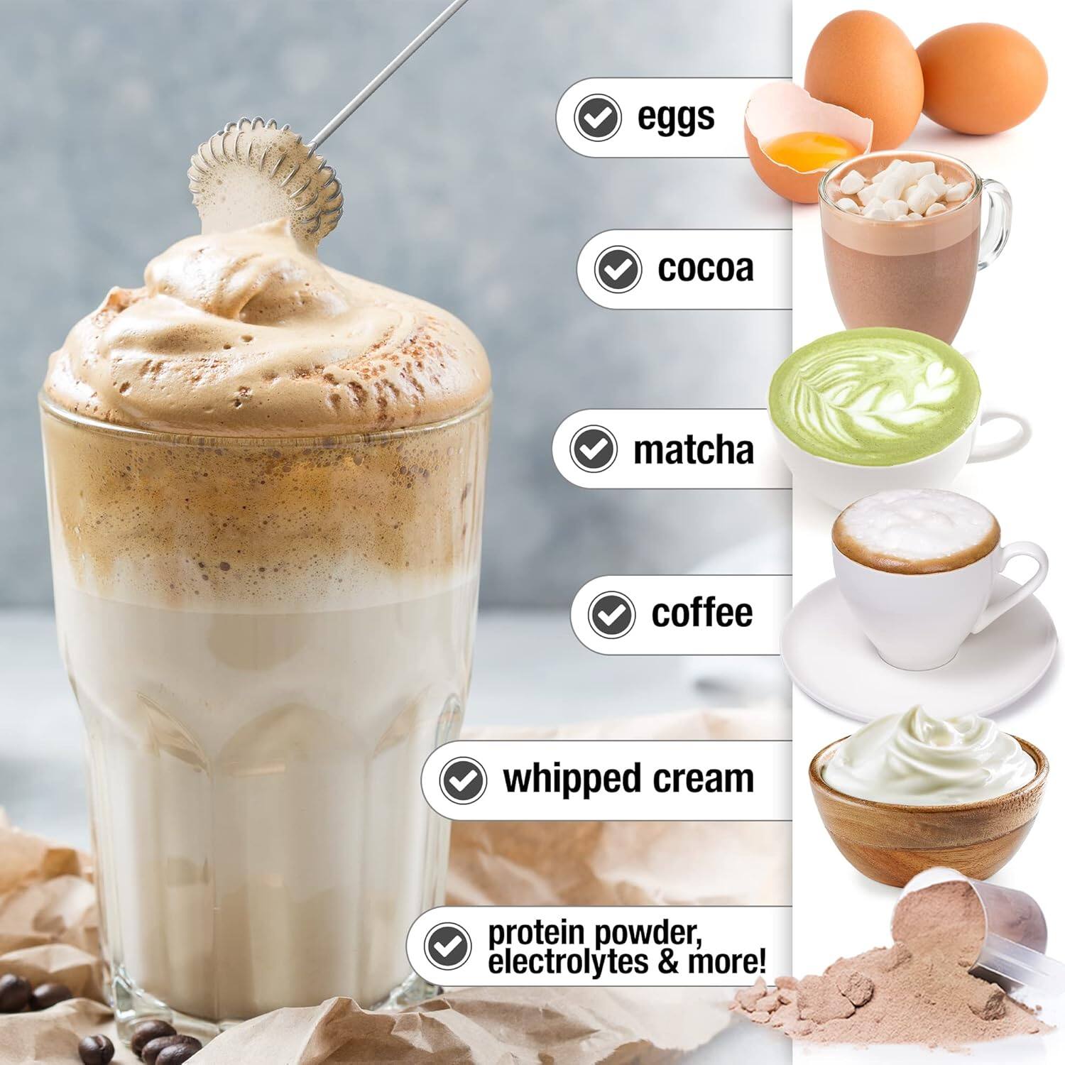 eggs, cocoa, matcha, coffee, whipped cream, protein powder, electrolytes & more!