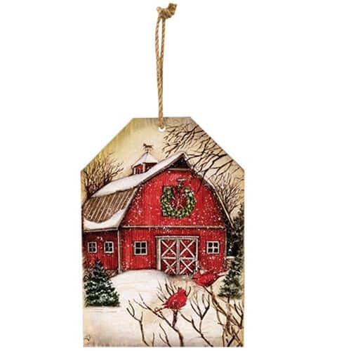 BreeBe - Winter Barn Scene Wooden Tag Ornament - Multicolor