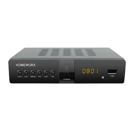 HOMEWORX VOL+ VOL- MENU CH- CH+ OK POWER USB