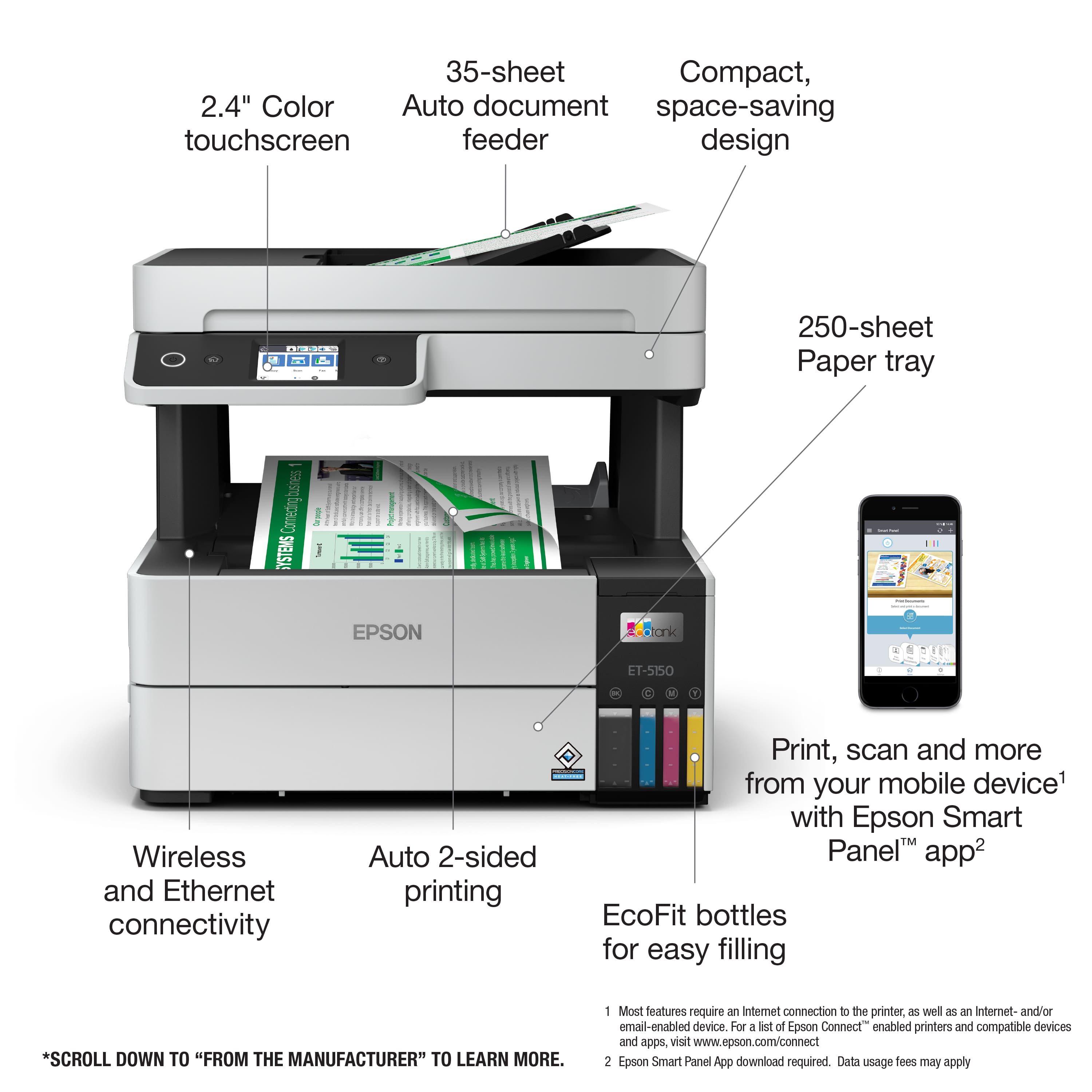 The image features a printer with a variety of features and functionalities. It has a 35-sheet compact design and a touchscreen feeder, which allows for easy printing and scanning. The printer is capable of printing on 250-sheet paper trays, making it suitable for larger print jobs.
In addition to its standard printing capabilities, the printer also offers wireless and Ethernet connectivity, enabling users to connect their devices to the printer for seamless printing and scanning. The printer also supports mobile printing, allowing users to print, scan, and more from their mobile devices using the Epson Smart Panel app.
To further enhance its eco-friendliness, the printer comes with EcoFit bottles for easy filling, reducing waste and promoting sustainability. Overall, the printer offers a range of features and functionalities that cater to the needs of modern users.