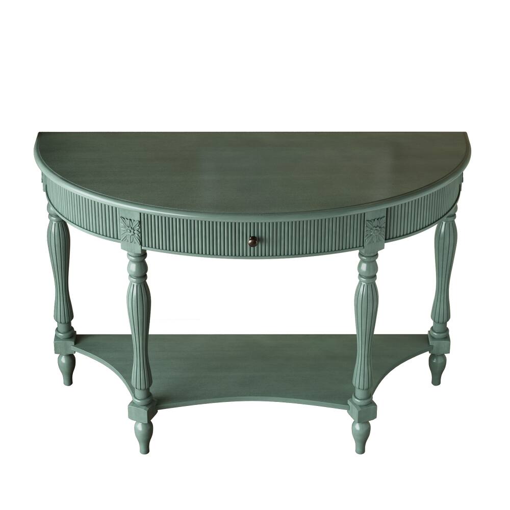 Alt View 10. Loheer - Loheer Antique Green Entryway Table, Solid Wood Half Moon Console Table with Drawer, Roman Column Legs, Semicircular - Antique Green.