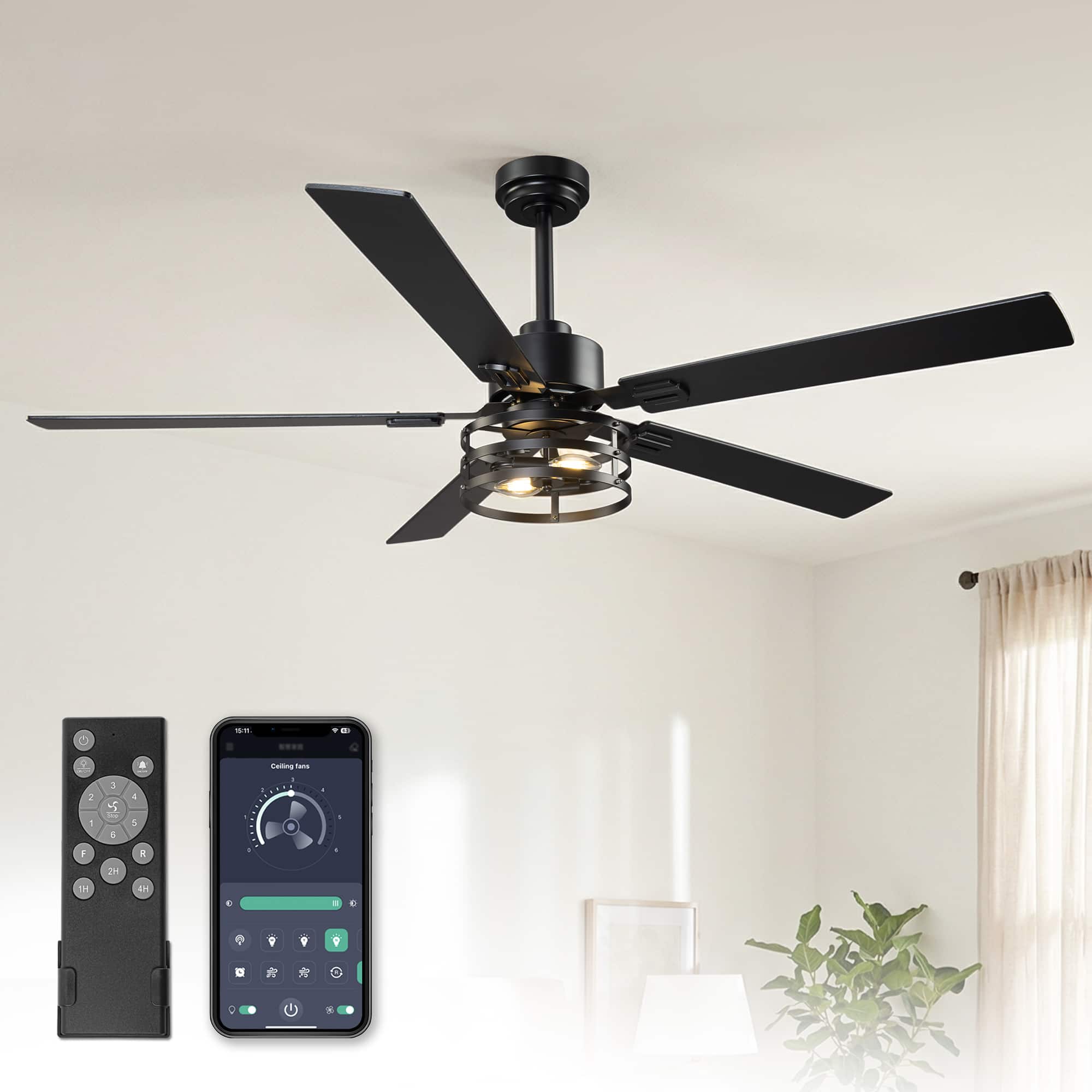 Vaczon - 60" Modern Smart Ceiling Fan with Remote and APP Control, 6-Speed Reversible Blades - Matte Black