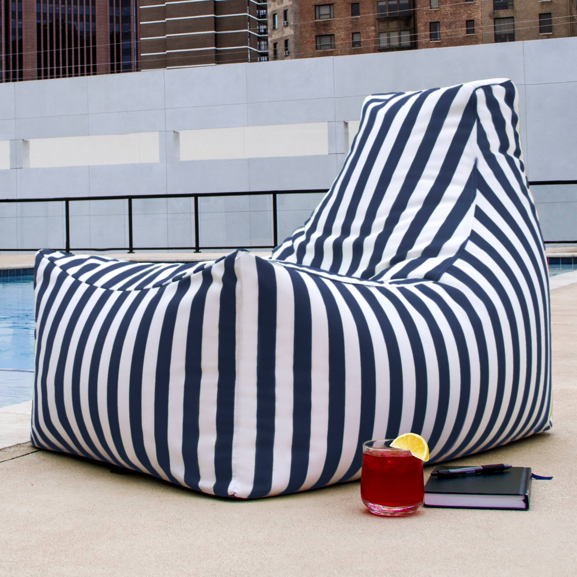 Angle. Jaxx - Jaxx Juniper Outdoor Bean Bag Patio Chair & Poolside Lounge, Navy Striped - Navy Striped.