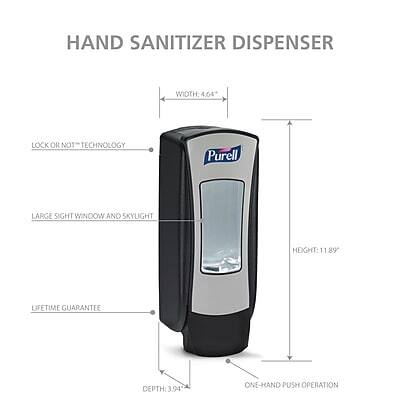 HAND SANITIZER DISPENSER

- WIDTH: 4.64"
- HEIGHT: 11.89"
- DEPTH: 3.94"

- LOCK OR NOT TECHNOLOGY
- LARGE SIGHT WINDOW AND SKYLIGHT
- LIFETIME GUARANTEE
- ONE-HAND PUSH OPERATION