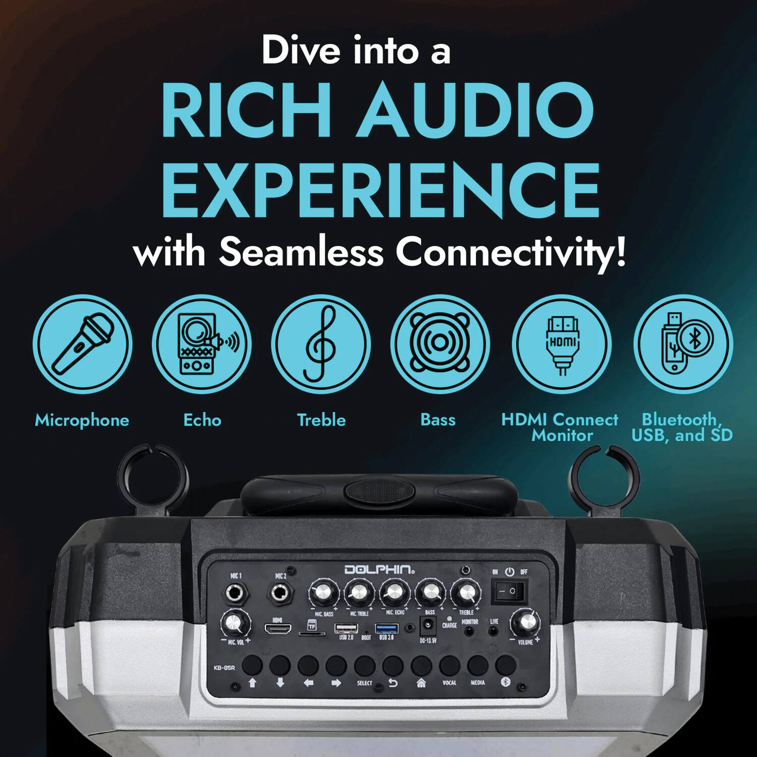 Dive into a RICH AUDIO EXPERIENCE with Seamless Connectivity!

- Microphone
- Echo
- Treble
- Bass
- HDMI Connect Monitor
- Bluetooth, USB, and SD

HDMI Microphone Echo Treble Bass HDMI Connect Bluetooth Monitor USB, and SD 13M HC - DOLPHIN. - D K - . - - - L - - 1 d - - - ra 31 - - - 10-1 . U -U - . SLCT - -R 1