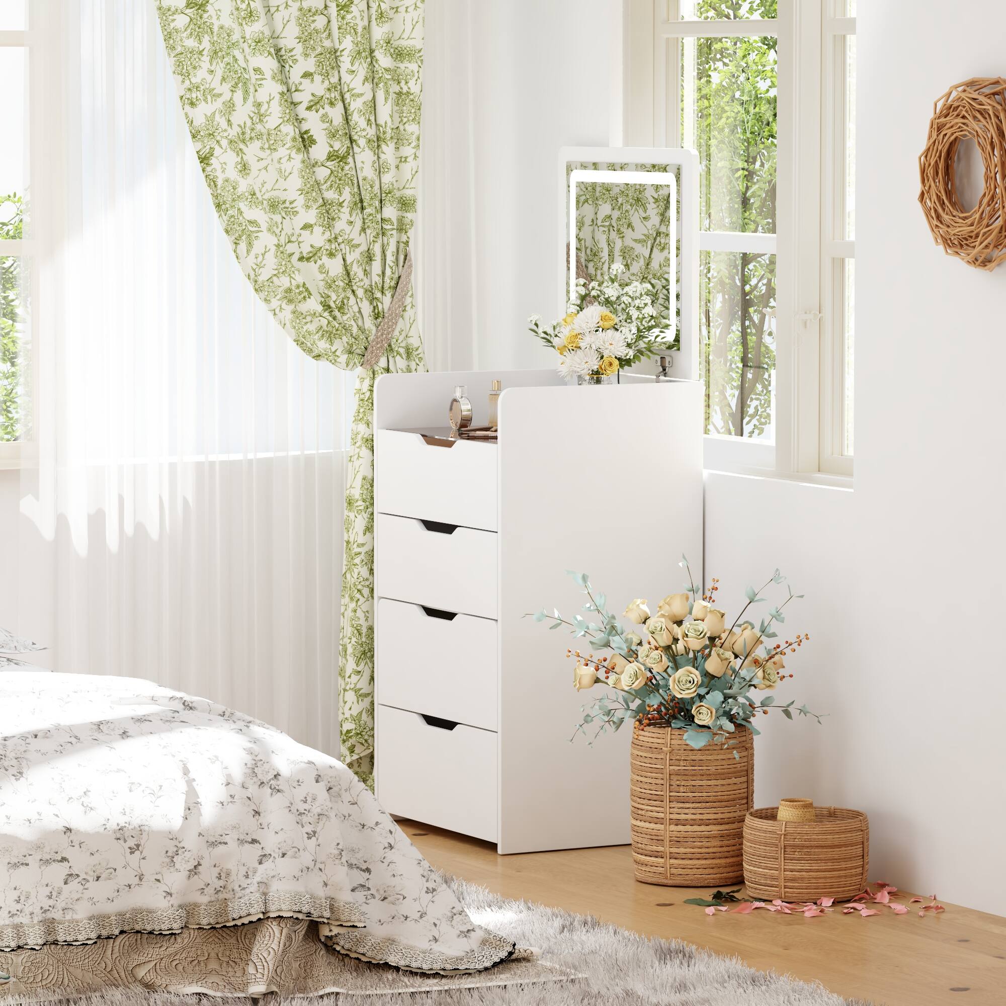 Angle. Famapy - Flip - Up LED Vanity Desk with 3 - Color Lighting & Hidden Storage for Small Spaces - White.