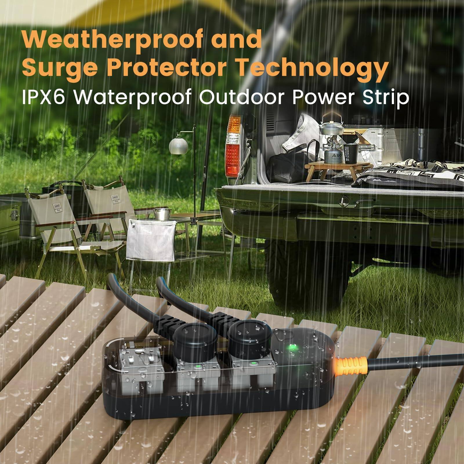 Weatherproof and Surge Protector Technology  
IPX6 Waterproof Outdoor Power Strip