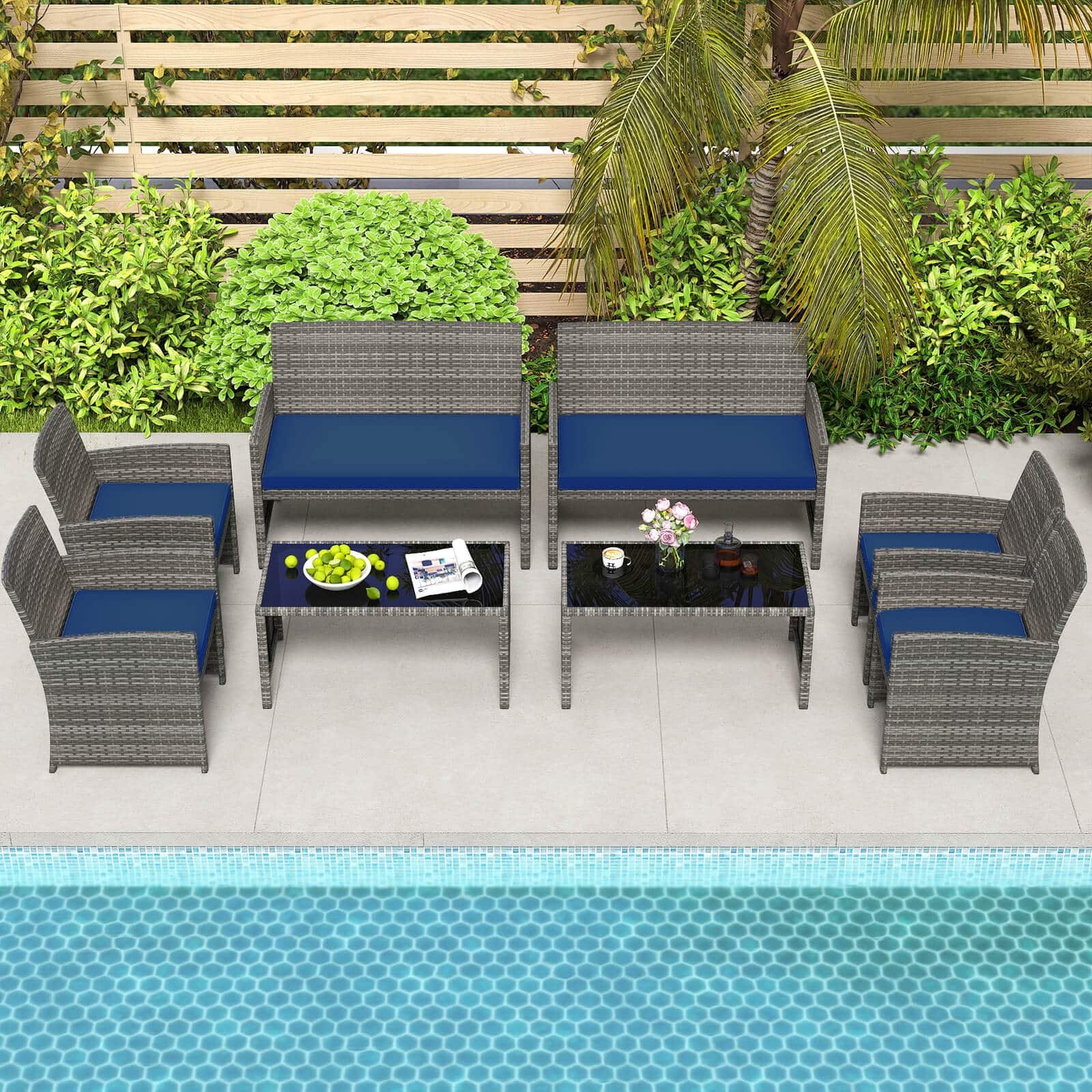 Costway - 8 PCS Patio Conversation Set with Seat Cushions & Tempered Glass Tabletop, Outdoor - Navy+Gray