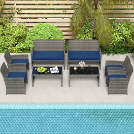 Costway - 8 PCS Patio Conversation Set with Seat Cushions & Tempered Glass Tabletop, Outdoor - Navy+Gray