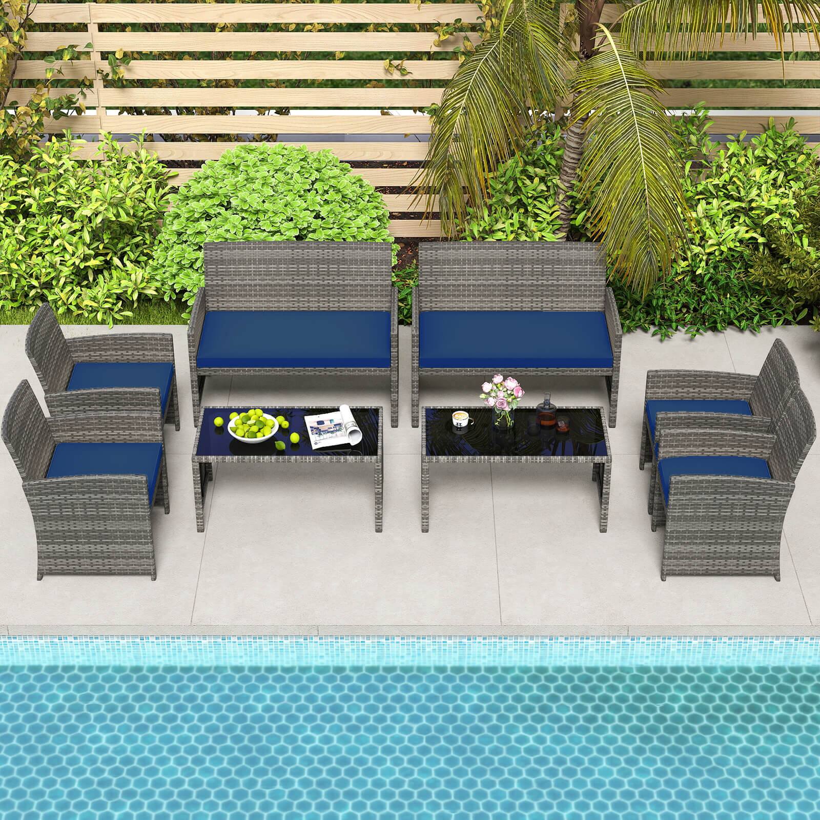 Alt View 1. Costway - Costway 8 PCS Patio Conversation Set with Seat Cushions & Tempered Glass Tabletop, Outdoor - Navy,Gray.