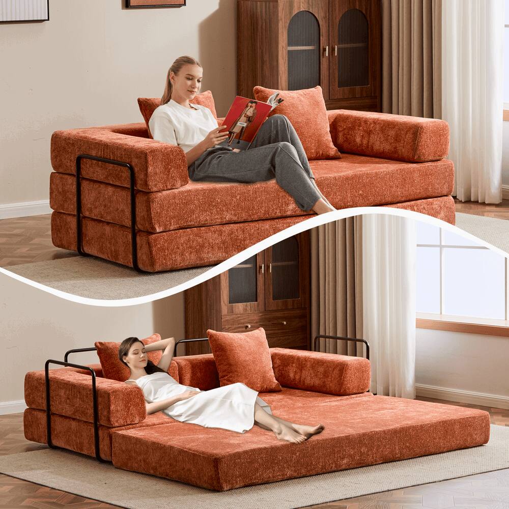 Left. Kadyn - Floor Couch Bed, Convertible Chenille Fabric Sofa with Pillow Back Support, Compression Lounge Sleeper, Orange - Orange.