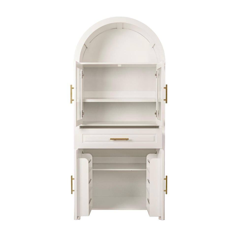 Angle. Kadyn - 71" Tall Arched Farmhouse Pantry with Glass Door and Adjustable Shelves - White - White.