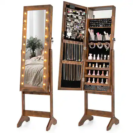 Front. Costway - Costway LED Mirror Jewelry Cabinet with 20 LED Lights Full-Length Mirror Adjustable Angles - Brown.