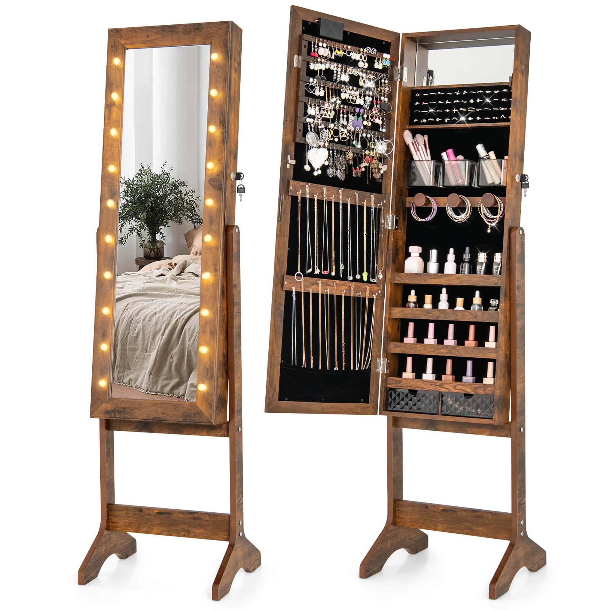 Costway - LED Mirror Jewelry Cabinet with 20 LED Lights Full-Length Mirror Adjustable Angles - Brown