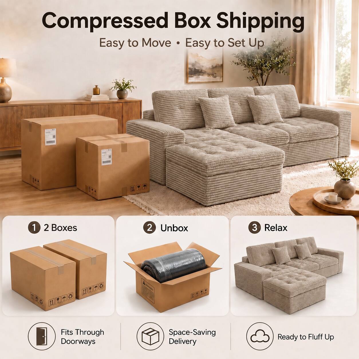Compressed Box Shipping  
Easy to Move • Easy to Set Up  

1. 2 Boxes  
2. Unbox  
3. Relax  

- Fits Through Doorways  
- Space-Saving Delivery  
- Ready to Fluff Up
