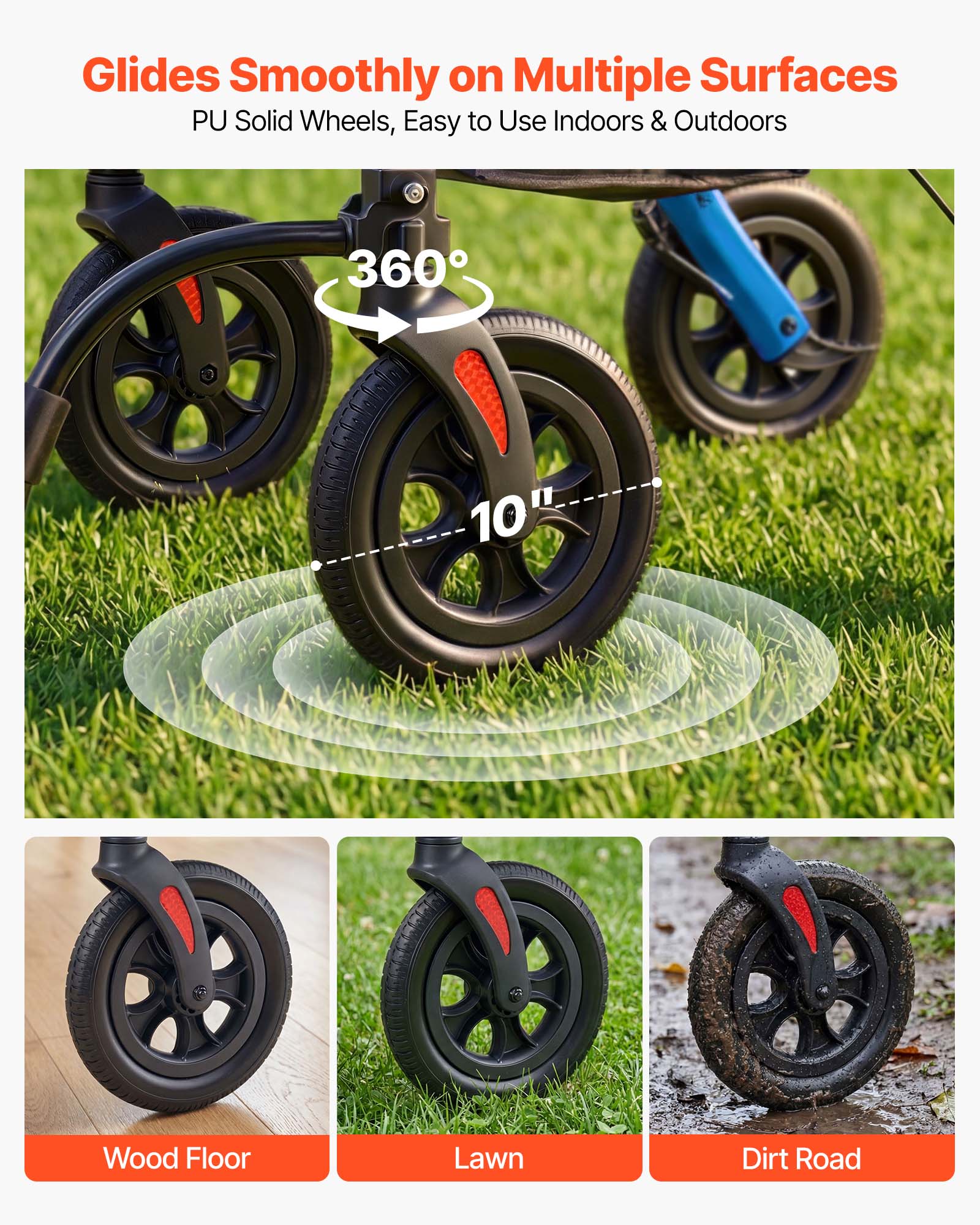 Glides Smoothly on Multiple Surfaces  
PU Solid Wheels, Easy to Use Indoors & Outdoors  

360°  
10"  

Wood Floor  
Lawn  
Dirt Road