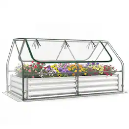 Gymax - Galvanized Steel Raised Garden Bed Metal Planter Box Kit w/ Mini Greenhouse Cover - Green & Silver