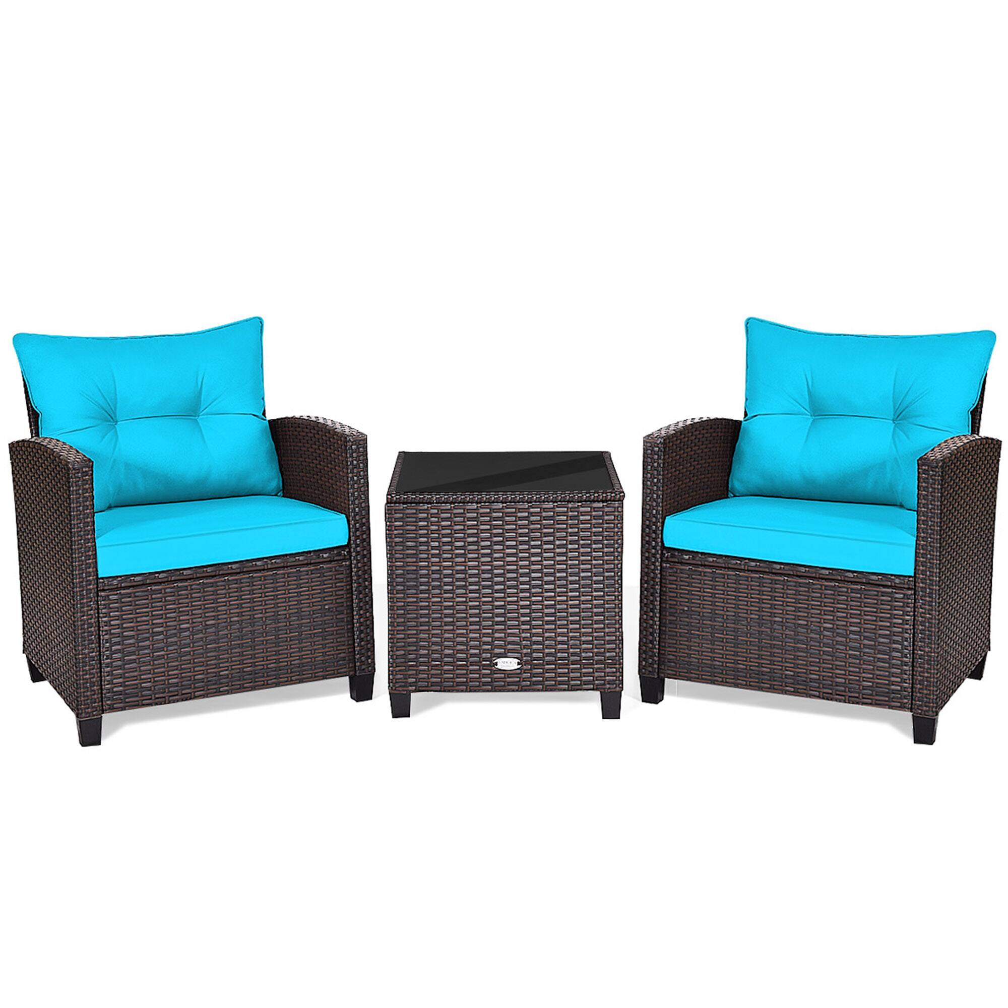 Alt View 4. Gymax - Gymax 3PCS Outdoor Patio Rattan Conversation Set w/ Coffee Table Turquoise Cushion - Mix Brown.
