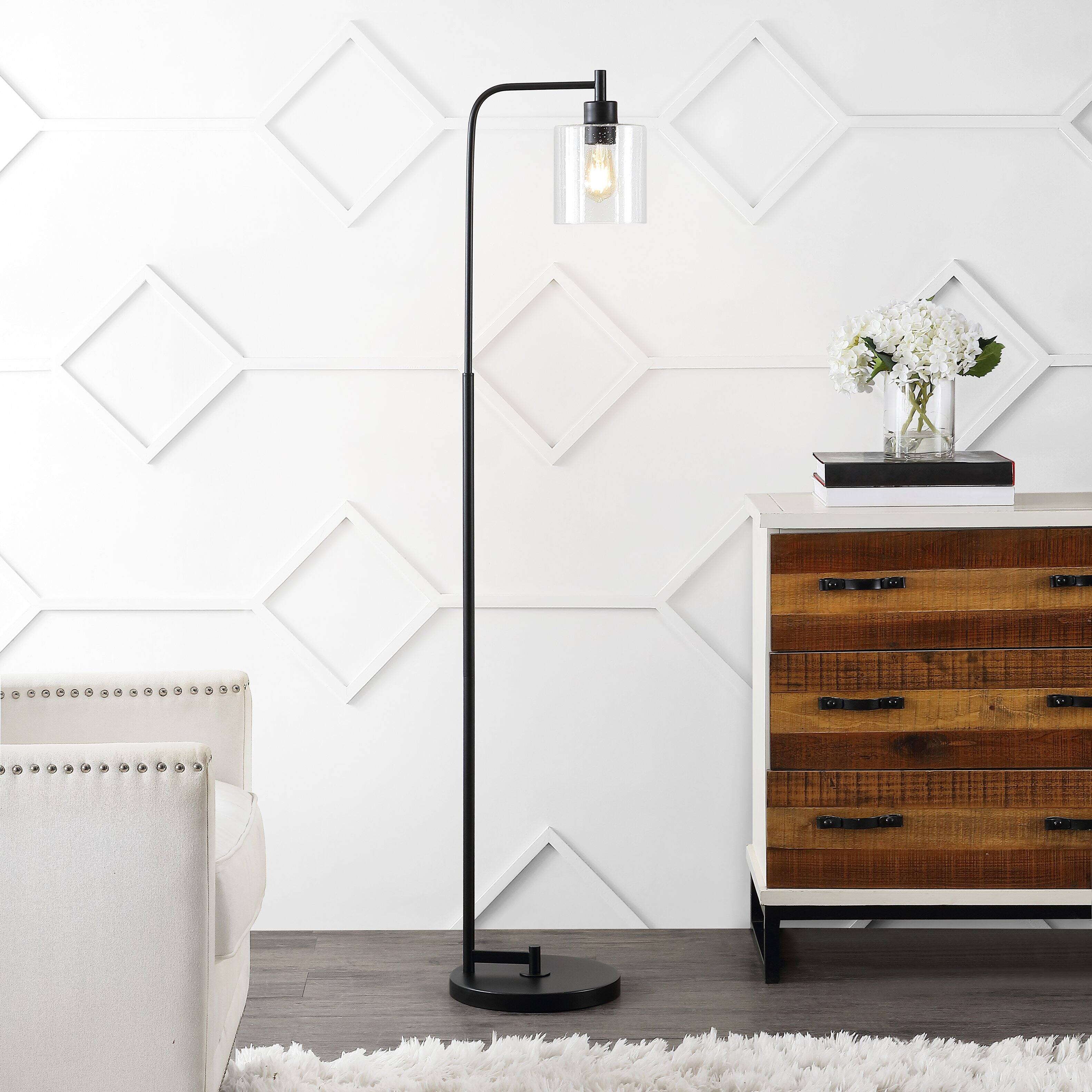 Alt View 1. Jonathan Y - Axel Modern 60" Iron/Seeded Glass Farmhouse Industrial LED Floor Lamp, Black - Black.