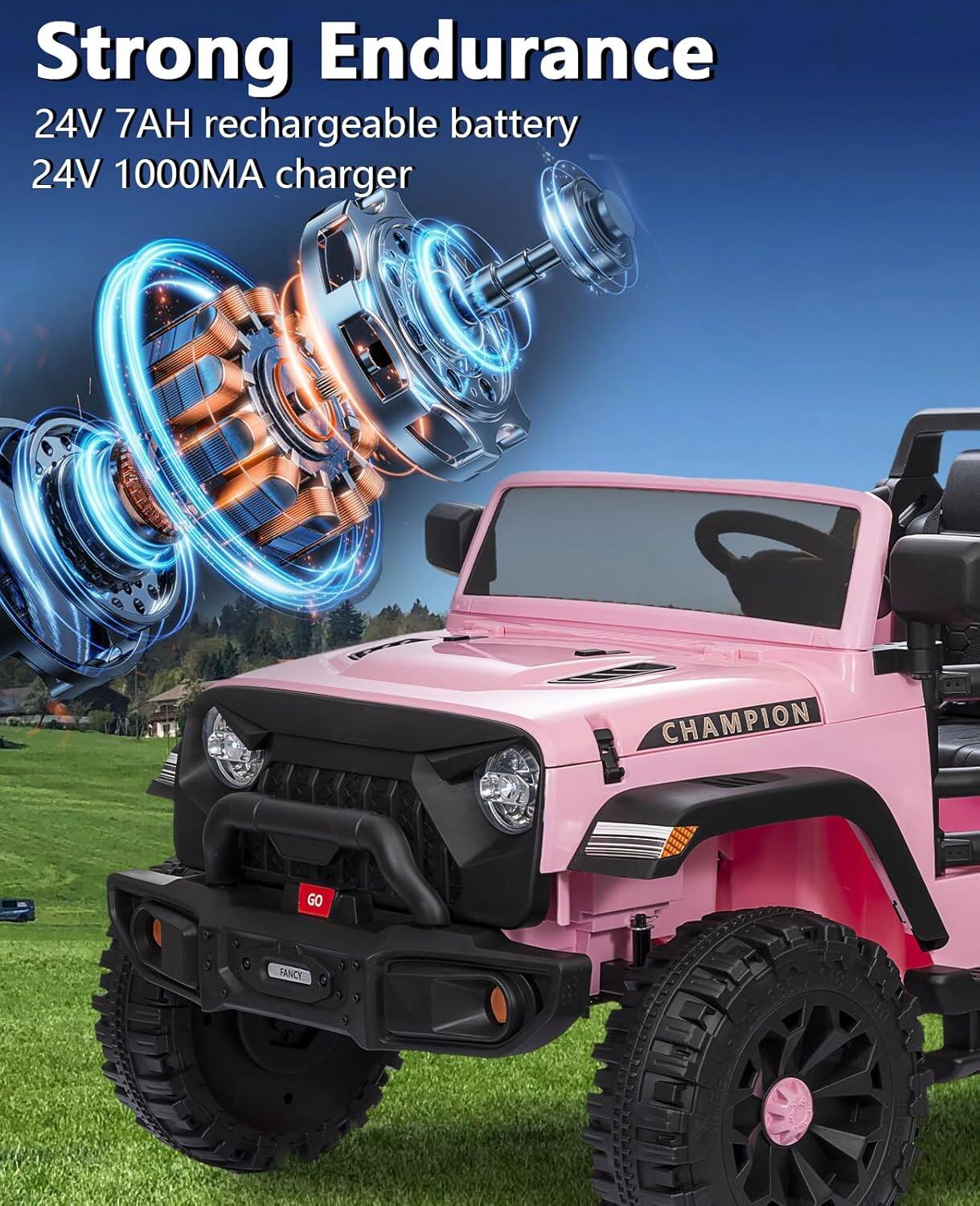 Strong Endurance  
24V 7AH rechargeable battery  
24V 1000MA charger  

CHAMPION  
GO  
FANCY