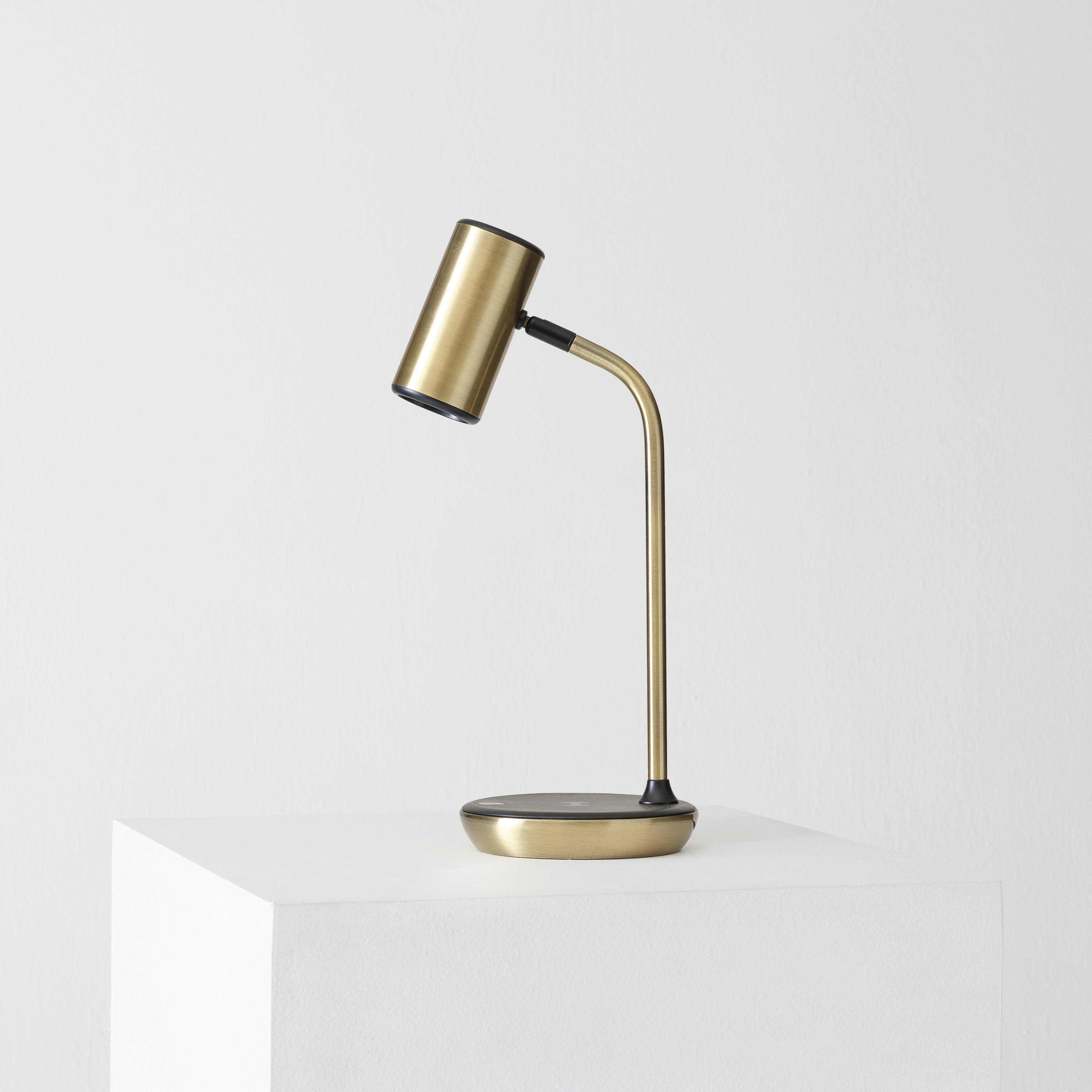 Angle. Brightech - Ezra LED Modern Industrial Arc Dimmable Bedside Nightstand Desk Lamp with Wireless Charging Pad - Antiqued Brass.