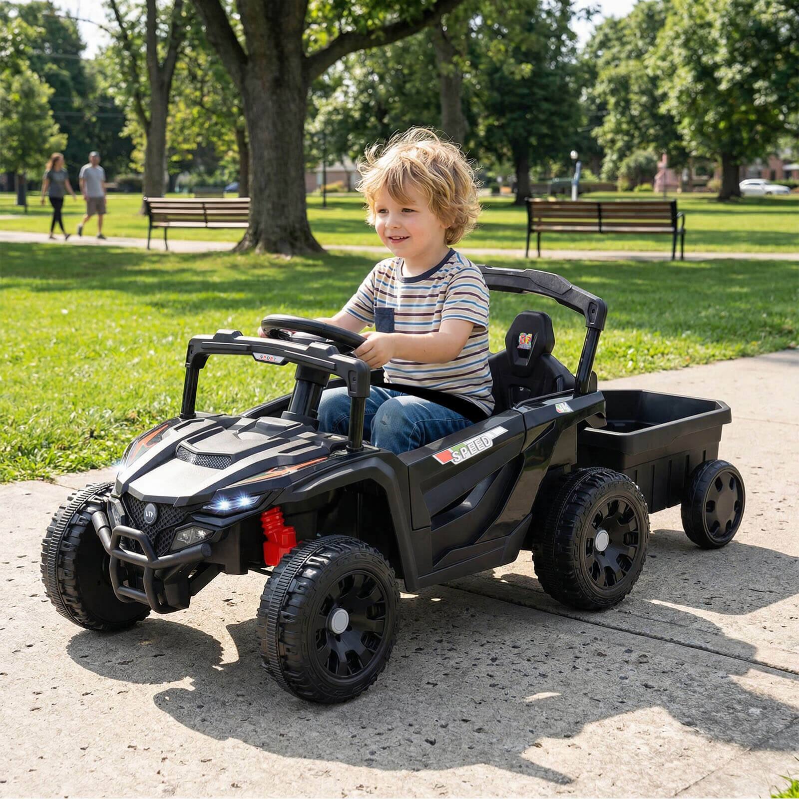 Alt View 3. Costway - Costway 12V Kids Ride On UTV with Detachable Trailer, Remote Control, 3 Speeds, LED Lights - Black.