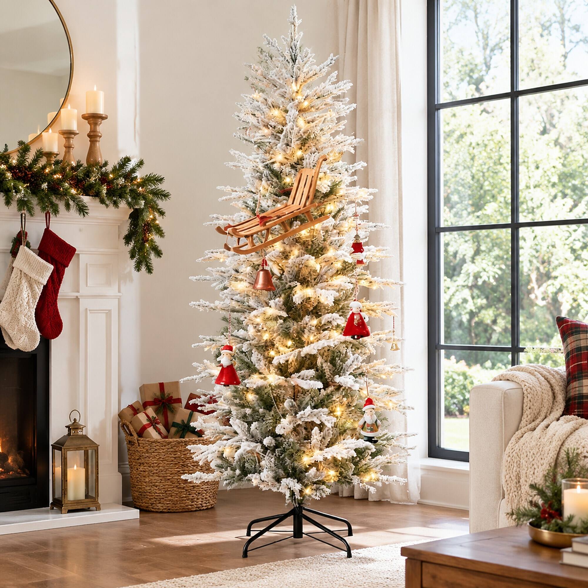 Back. RYHNUYNE - Artificial Flocked Christmas Tree With Snow Branches, Warm Yellow Clear Lights Auto Open Hinged Holiday Decor - Green.
