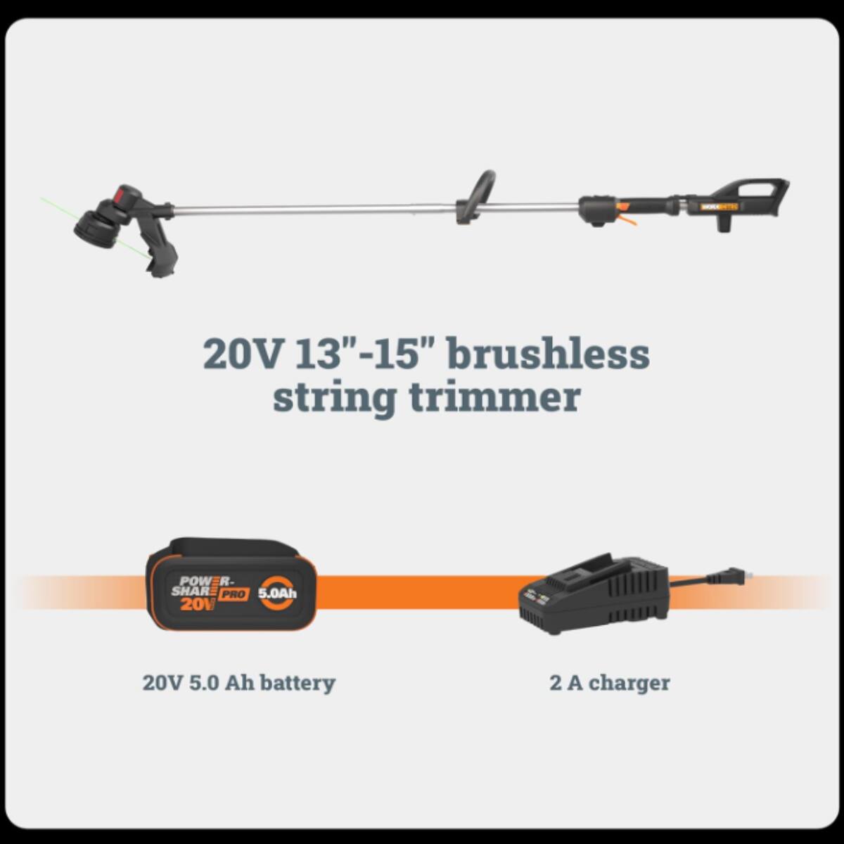 The text on the image reads: "20V 13"-15" brushless string trimmer POWR R SHAR I PRO 5.0Ah 20V 20V 5.0 Ah battery 2 A charger". The text has been grouped and corrected to read: "20V 13"-15" brushless string trimmer POWR R SHAR I PRO 5.0Ah 20V 20V 5.0 Ah battery 2 A charger".