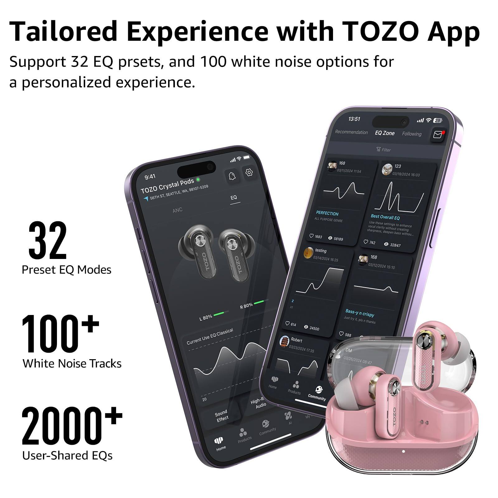Tailored Experience with TOZO App Support 32 EQ presets, and 100 white noise options for a personalized experience. 32 Preset EQ Modes 100+ White Noise Tracks 2000+ User-Shared EQs