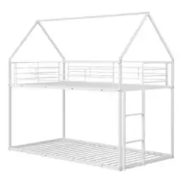 Costway - Twin Over Twin Metal Bunk Bed, House Shaped Floor Bunk Bed Frame with Roof & Ladder - White