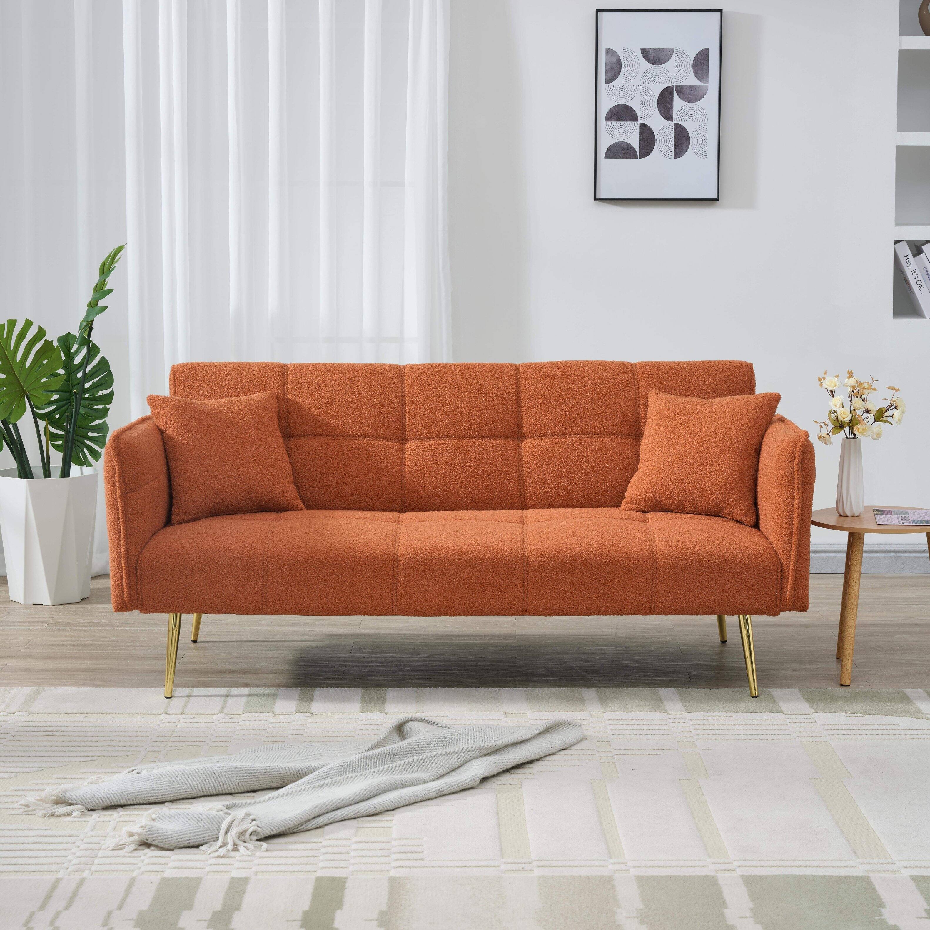 Back. Roomtec - 70inch teddy fleece sofabed convertible futon sofabed with adjustable arms and backrest modern love sofa for living - Orange.