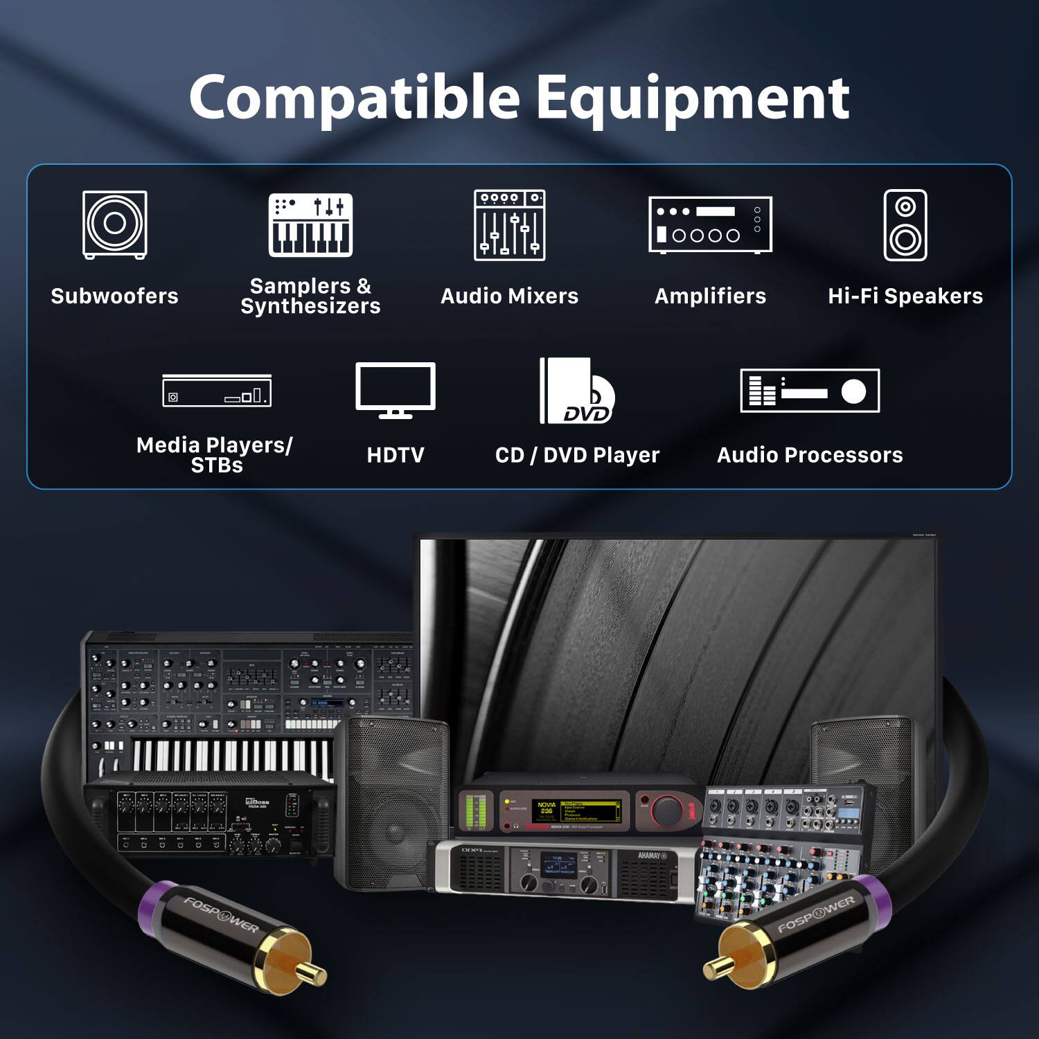 Compatible Equipment

- Subwoofers
- Samplers & Synthesizers
- Audio Mixers
- Amplifiers
- Hi-Fi Speakers
- Media Players/STBs
- HDTV
- CD / DVD Player
- Audio Processors