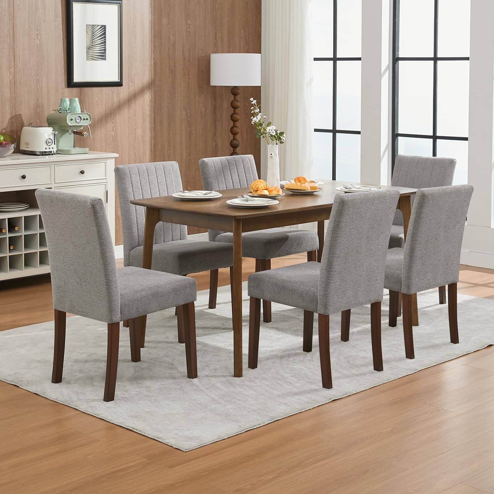 Front. Acekool - Dining Chairs Set of 6, Modern Linen Fabric Upholstered Kitchen Side Chairs with Wood Legs - Gray.