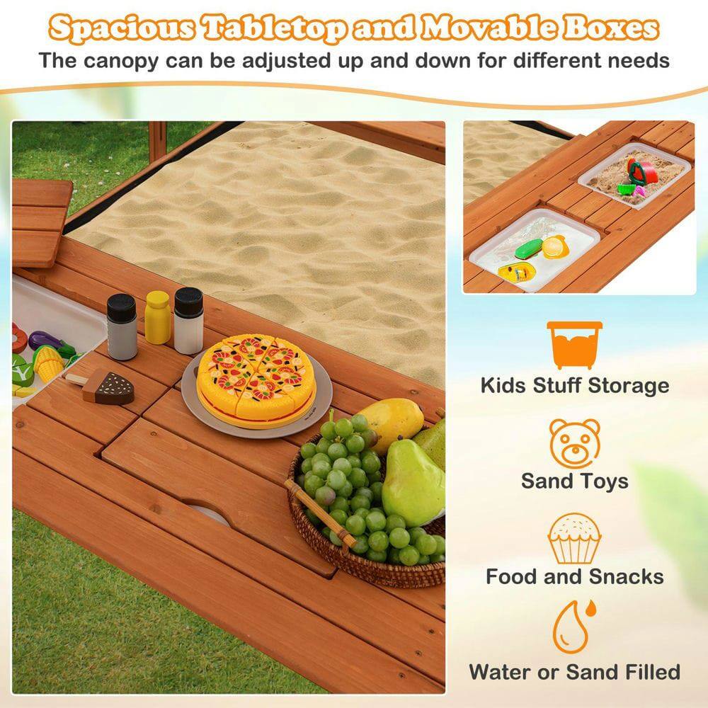 Spacious Tabletop and Movable Boxes  
The canopy can be adjusted up and down for different needs  

- Kids Stuff Storage  
- Sand Toys  
- Food and Snacks  
- Water or Sand Filled