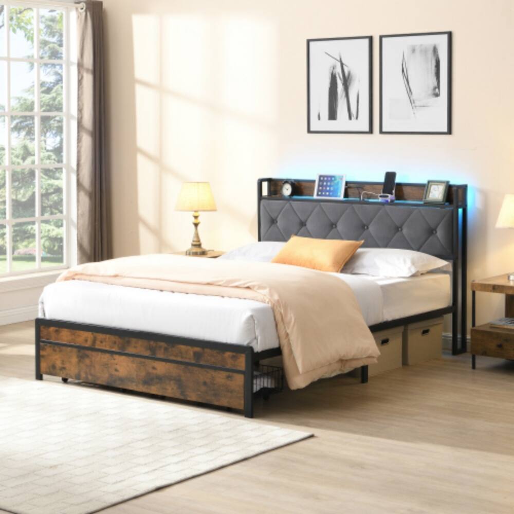 Angle. LUCKY ONE - King Size Bed Frame with Upholstered Headboard, LED Lights, USB Charging Station, 2 Drawers, No Box Spring Needed - Brown+Gray.