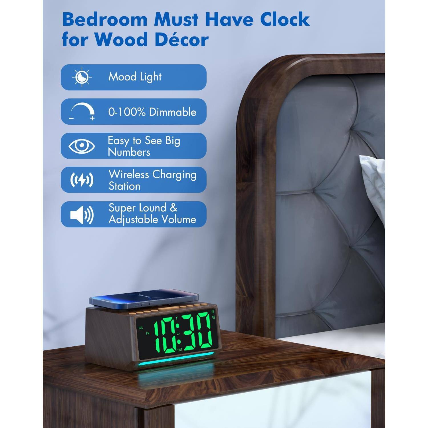 Bedroom Must Have Clock for Wood Décor

- Mood Light
- 0-100% Dimmable
- Easy to See Big Numbers
- Wireless Charging Station
- Super Loud & Adjustable Volume