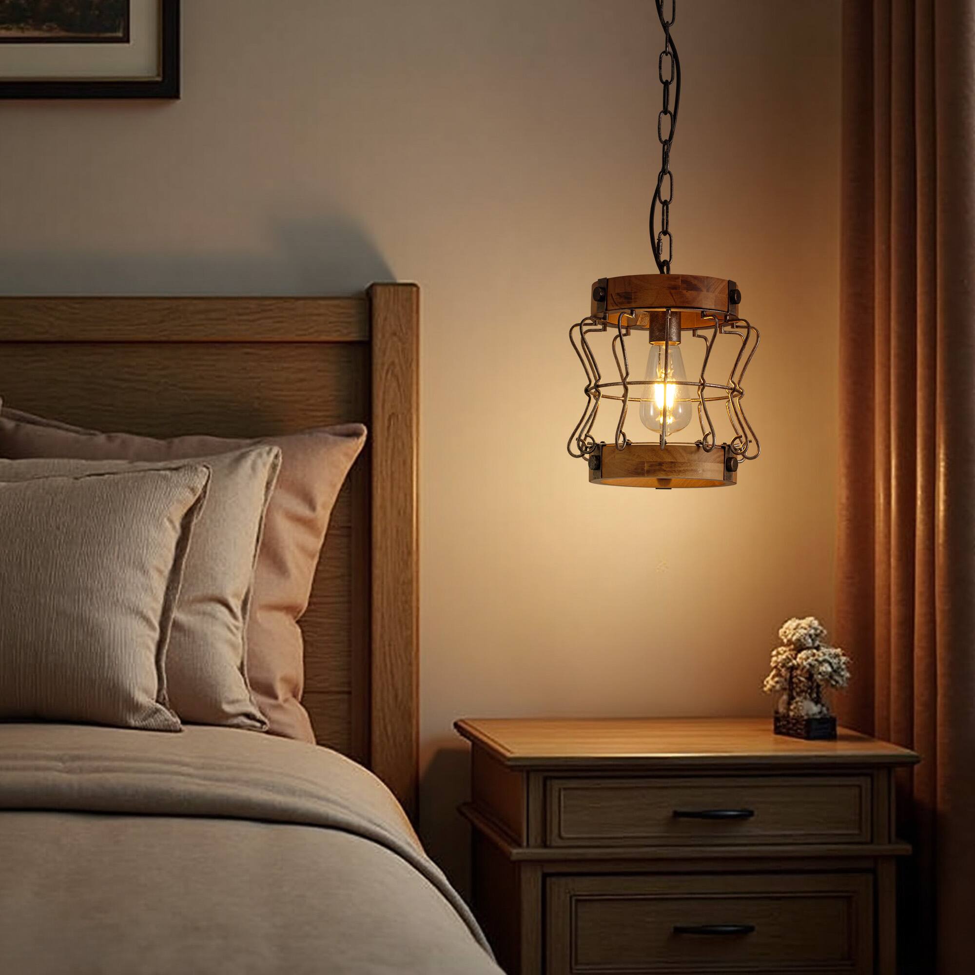 Angle. Siljoy - 60W 1-Light Black Farmhouse Wood Kitchen Island Pendant Light with Burnt Wood Texture, 39 Inch Adjustable Chain - Black.