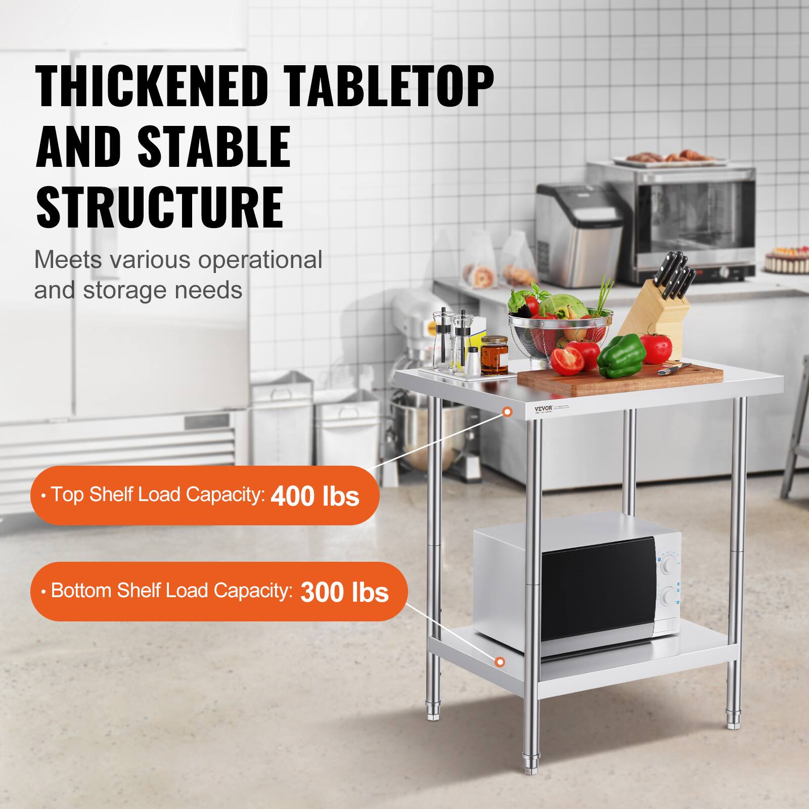 **Thickened Tabletop and Stable Structure**

Meets various operational and storage needs

- Top Shelf Load Capacity: 400 lbs
- Bottom Shelf Load Capacity: 300 lbs